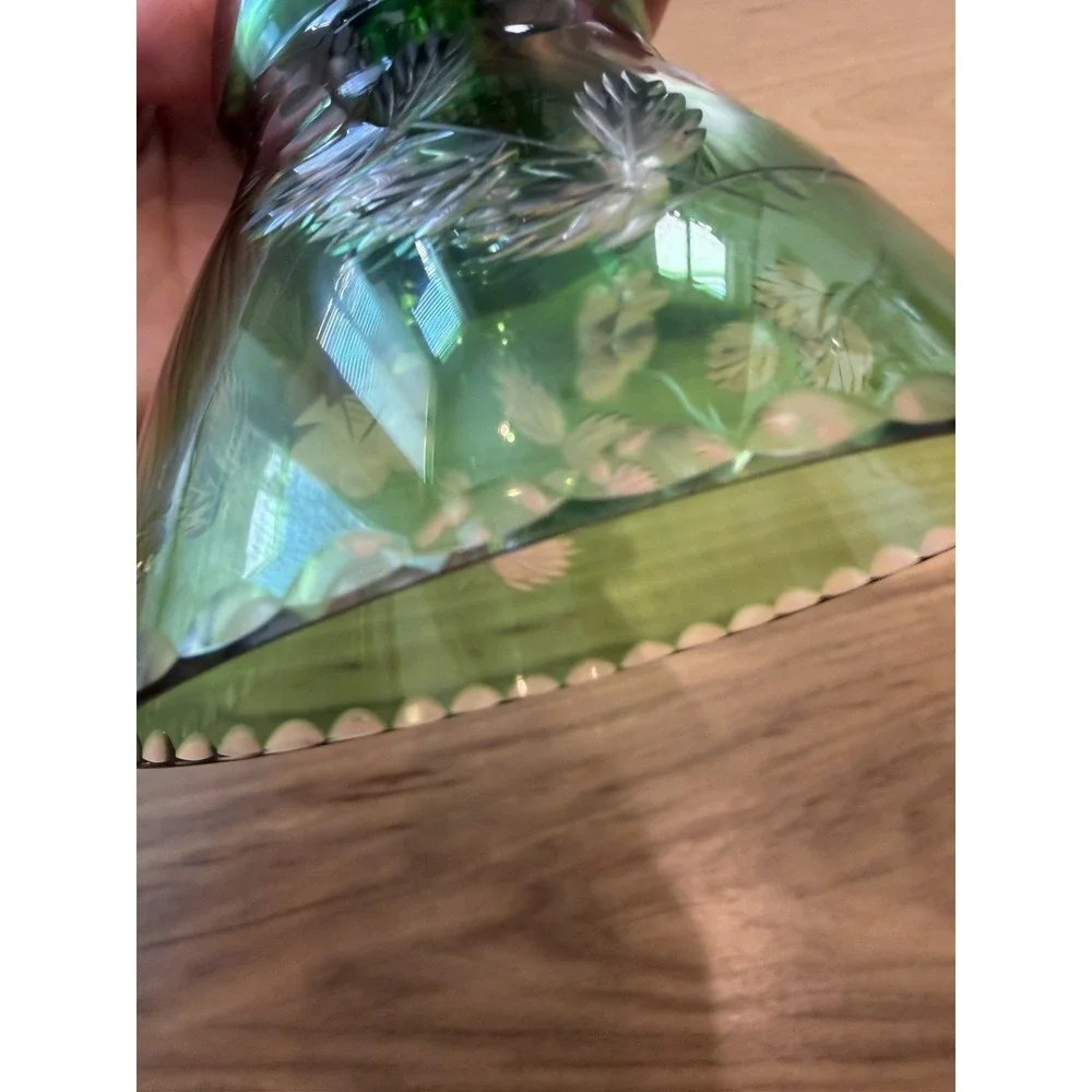 Vintage Emerald Green Cut Crystal Glass Hand Bell Floral Etched Clear Handle